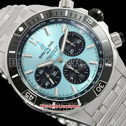 Breitling watch TF factory mechanical chronograph light blue dial 44mm steel bracelet front live photo