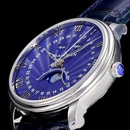 OM Factorytop-tier watch Blancpain automatic movement men's blue dial blue belt villeret classic leather strap watch detail shots