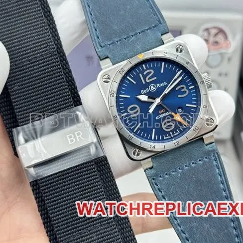 top-tier watch Bellis blue dial 42mm dual time zone leather strap model front live photo
