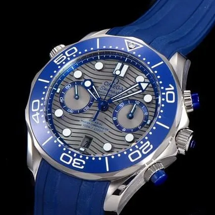 OM Factorytop-tier watch Omega men's gray plate blue rubber strap new Seamaster300chronograph watch detail shots