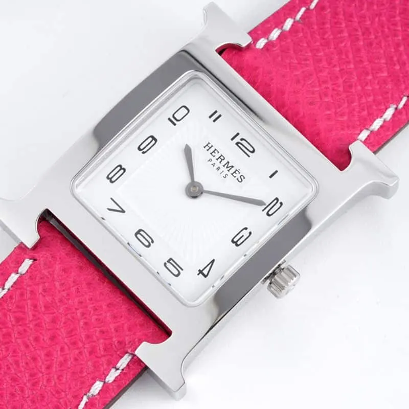 top-tiersuper cloneHermès ladies' watchHeureH series quartz square fashion watch pink braceletwhite dialdetail shots