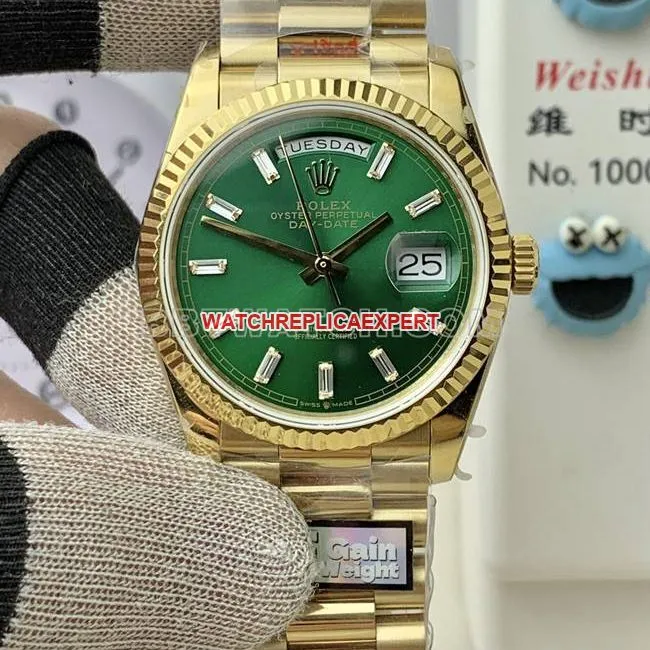 QF factory collectible watch Day-DateRolexgreen dialyellow gold36mmfront live photo