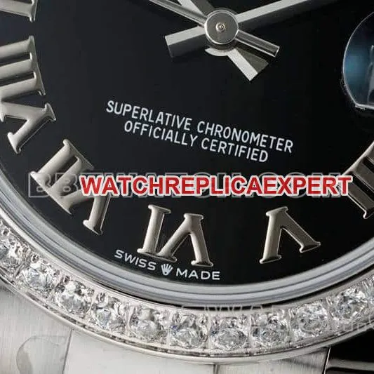ARF FactoryRolex log super cloneblack dial Roman numerals diamond bezel31mm three grid link 278289front live photo