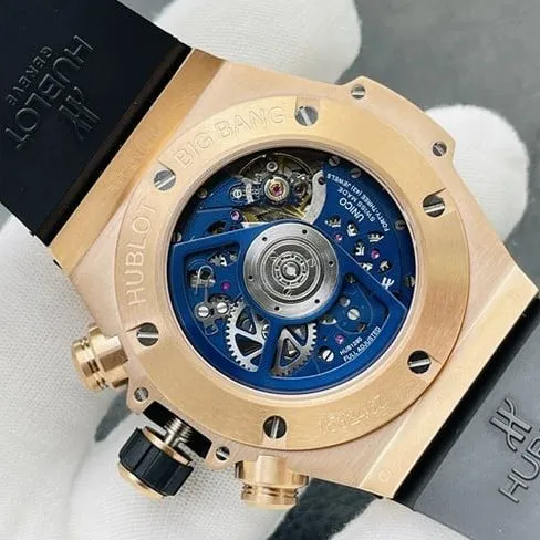 top-tier replicaHublot Big Bang Series 44MM gold case blue rubber watch front view