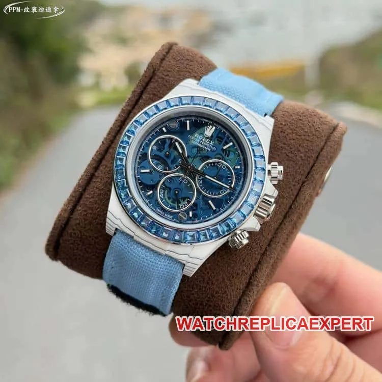 PPMRolexDaytona1:1super blue hollow dialdiamond bezelleather strap model front live photo