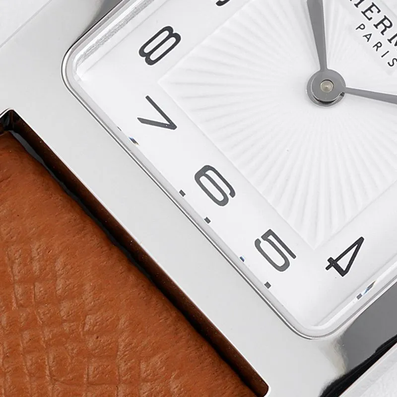 Fine imitation Hermes women's watches top quality HeureH series quartz square fashion watches brown strap white disk front view