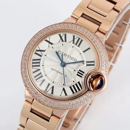 V6 factory top-tier watch Cartier blue balloon series ladies white dialsteel bracelet automatic movement watch front view