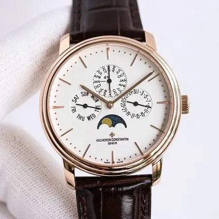 top-tier watch Vacheron Constantin men's white dial heritage series perpetual calendar multi-function mechanical leather strap watch front view