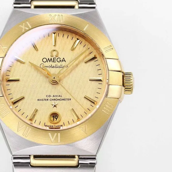 top-tier watch Omega women's gold plate constellation series steel bracelet watch front view
