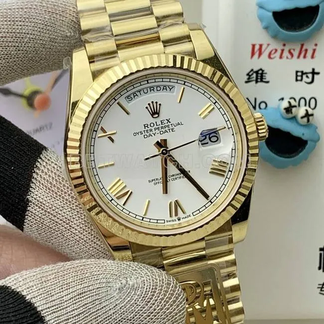 1:1replica watch Rolexyellow goldPPM factory Day-Date mechanical white dial Roman numerals side live photo