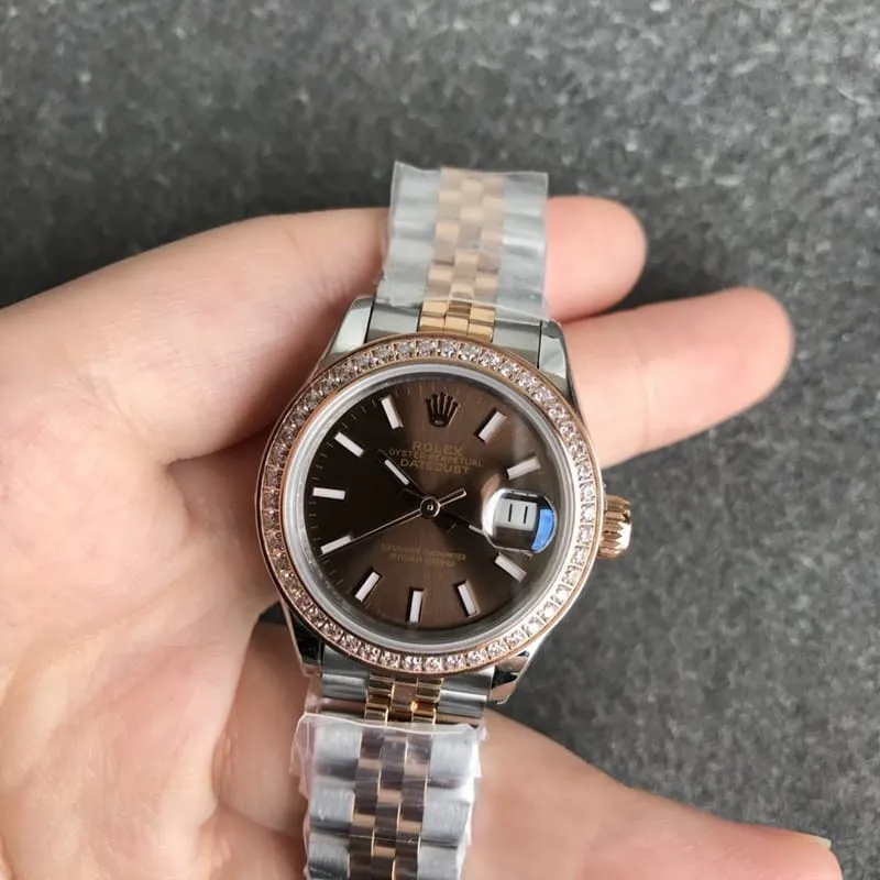 High-quality Rolex Datejust women's watch, 28mm, mechanical bezel, diamond markers, rose gold, coffee-colored dial, front view
