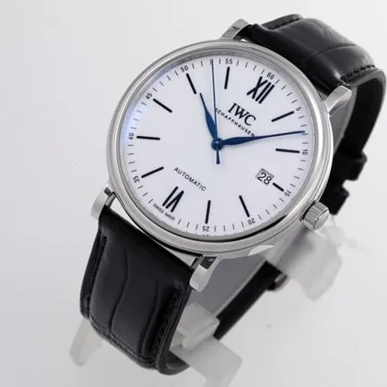 V7 factory top-tier replicaIWC watch men's white dial black belt automatic movement wave fino leather strap watch seven stars recommended front view