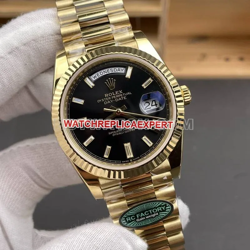 Rolex collectible watch RC factory Day-Date40mmblack dial3255yellow goldsteel bracelet side live photo