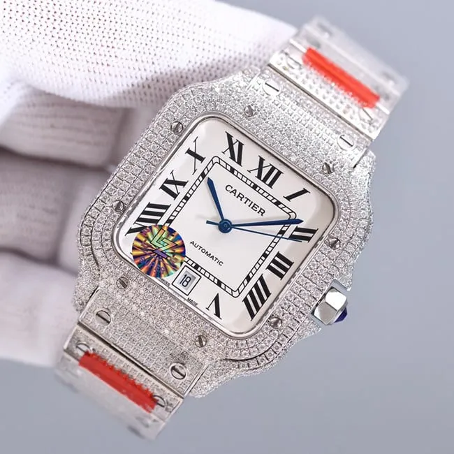 top-tier real diamond replicaCartier Santos baby's breath white dial watch front view