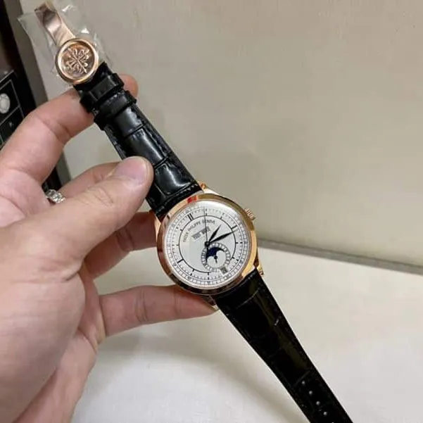 Patek Philippesuper watch complex monthly calendar date displayday display series men's leather strap mechanical rose gold watch front view