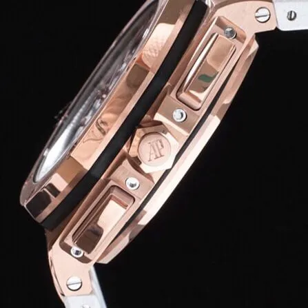 top-tiersuper cloneAPFrose goldwhite dialAudemars PiguetRoyal Oak Offshore 26400 top-tier watch front view
