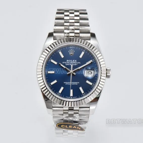 C factory Rolex log super cloneblue dial41mm five row link m126334-0002front live photo