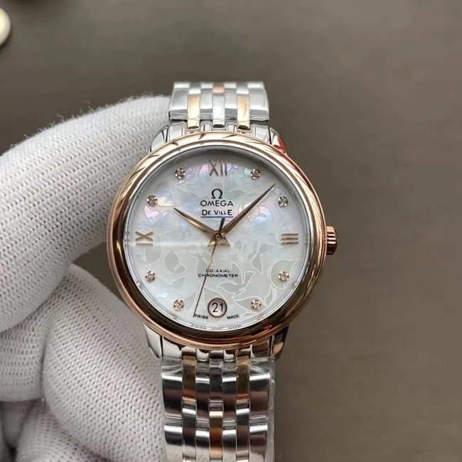 Top watch Omega De Ville series women's white dial two-tone metal bracelet mechanical watch front view
