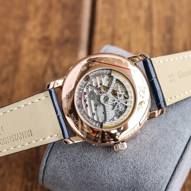 TW factory top-tier replicaVacheron Constantin1:1 watch men's blue dial blue belt perpetual calendar multifunctional heritage series mechanical leather strap watch front view