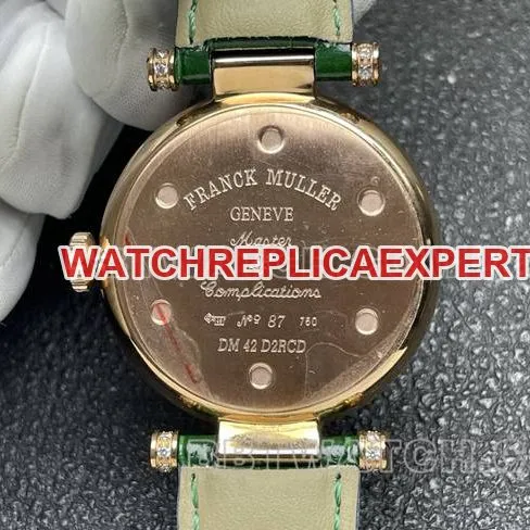 Franck Muller quartz collectible watch ABF factory diamond disc gold diamond bezel green leather braceletfront live photo