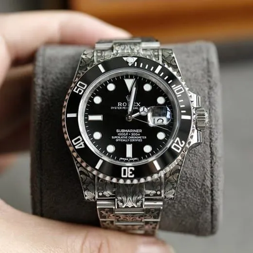 top-tier watch Rolex classic Black Submariner special edition engraving front view
