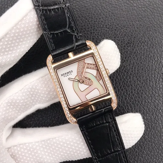 YF factory top-tier watch Hermès women's white dial black belt square stainless steel quartzleather strap watch front view