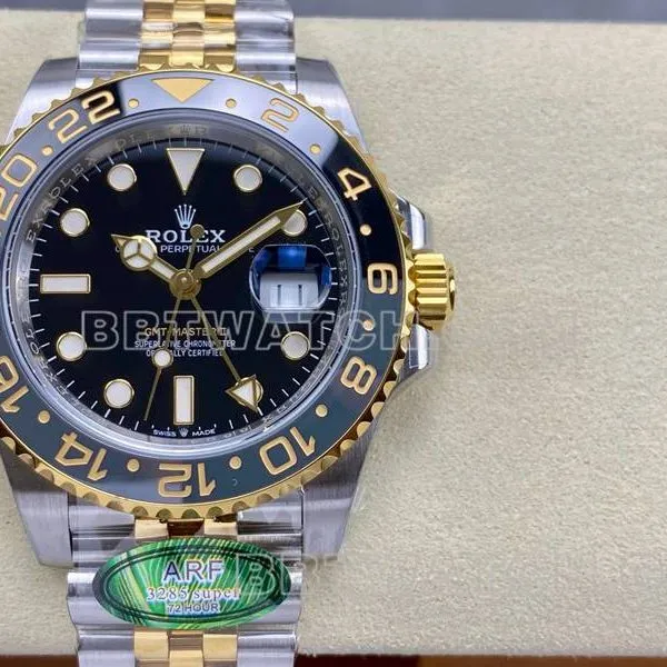 Rolextop-tier watch ARF FactoryGMT-MasterGMTblack dial3285 gold steel bracelet front live photo