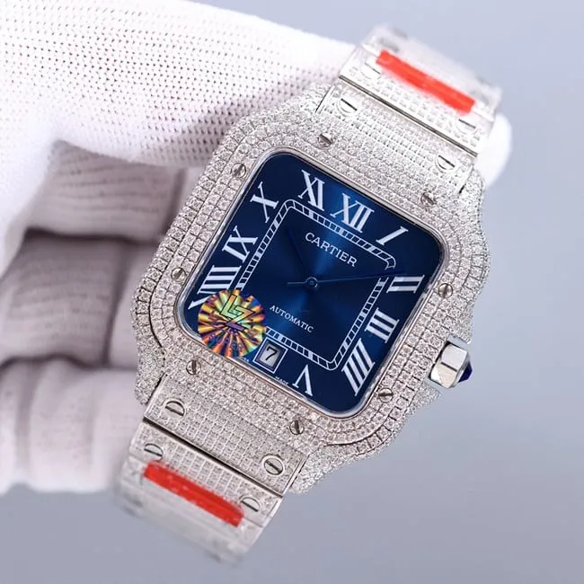 top-tier real diamond replicaCartier Santos baby's breath blue dial watch movement picture