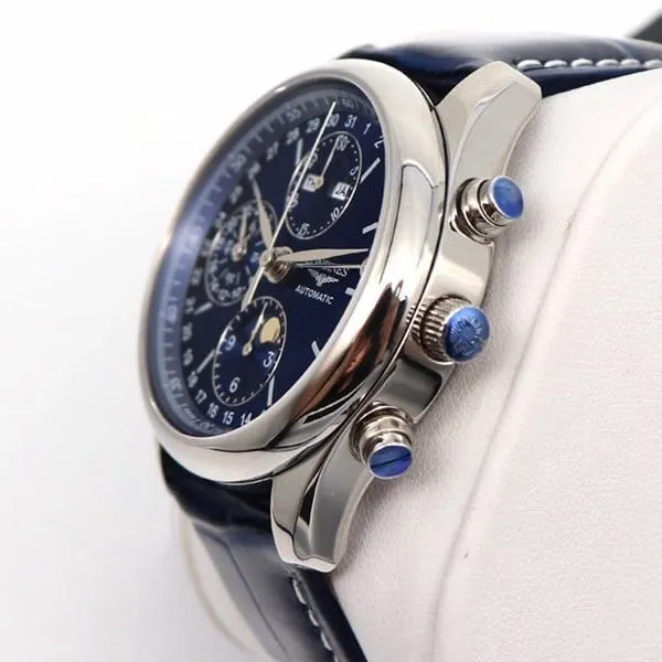 GL factory Longinessuper watch famous eight-pin moon phase7751blue dialleather strap front view