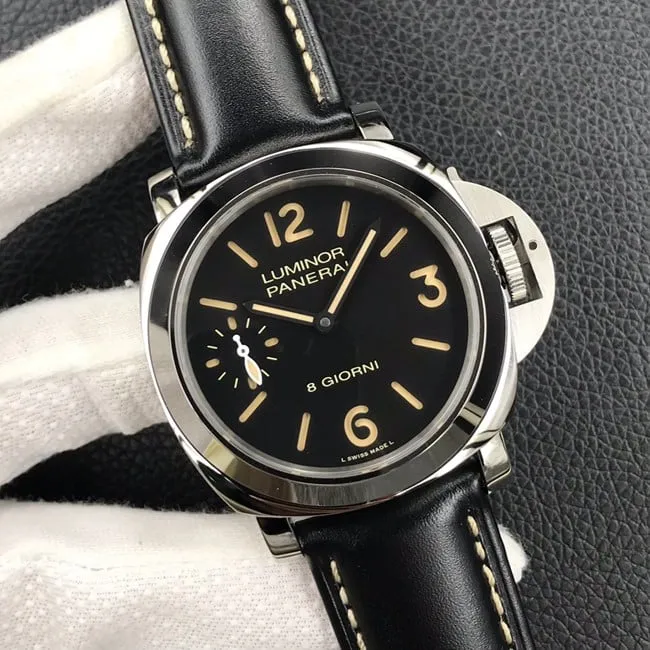 HW factory top-tier watch Panerai men's black dial black belt manual winding mechanical leather strap watch side view
