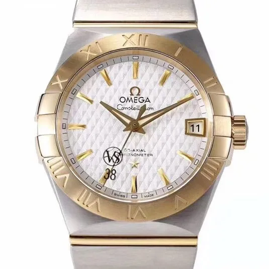 super cloneOmegayellow goldwhite dialdate displayvs constellation temperament model 8500 mechanical watch detail shots