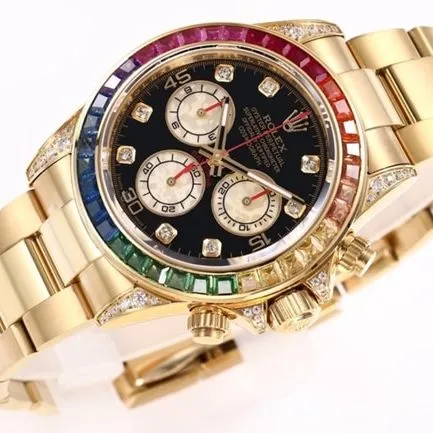 top-tier replicaRolex men's black dial gold band Daytona rainbow model full automatic movement watch front view