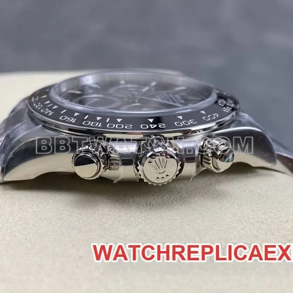Real-life photos of the front of the ARF Factory Rolex Daytona with a black dial, spade-shaped hands, model 4131, and steel bracelet