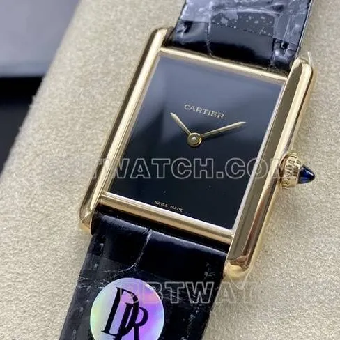 collectible watch DR factory Cartier tank black dial gold case quartz black braceletfront live photo