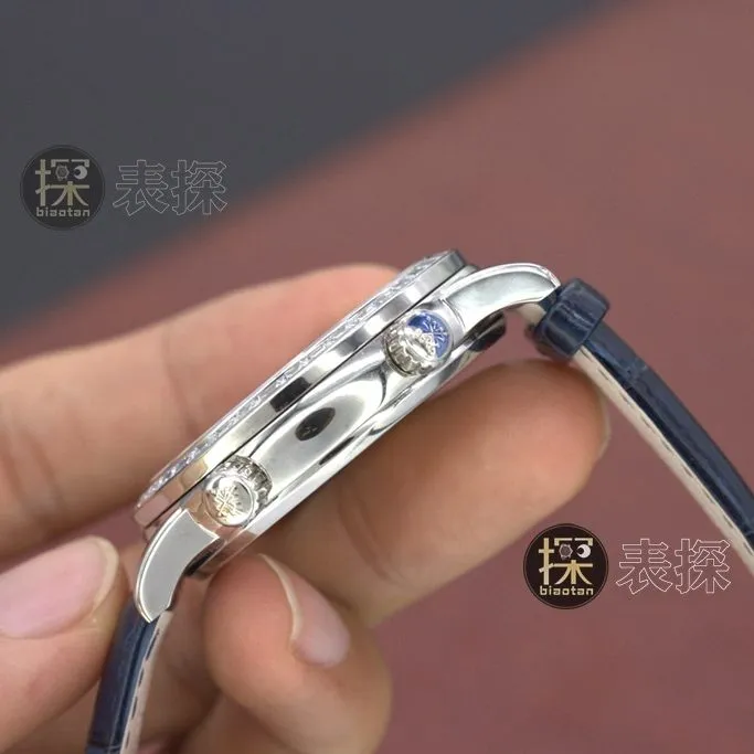 yl Gypsophila Patek Philippe1:1replica hand bezel diamond blue dial blue leather bracelet front view