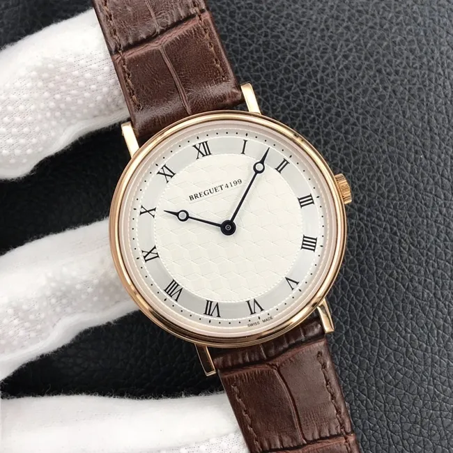 top-tier watch Breguet classic series mechanical leather strap men's white dial brown belt watch front view
