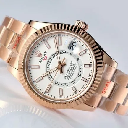 Top Rolex men's watch, white dial, rose gold, with the Explorer II series mechanical watch, front view.