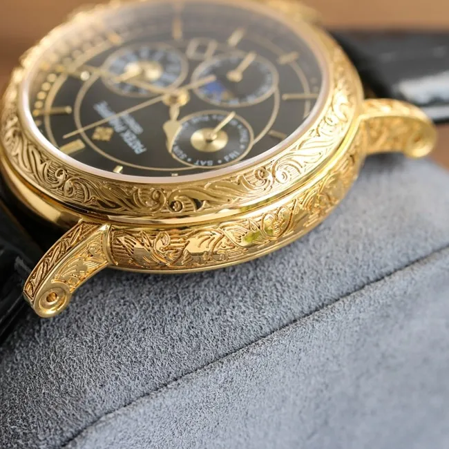 top-tier replicaPatek Philippehigh-quality watch men's black dial black belt pure hand-engraved 42mm mechanical leather strap watch front view