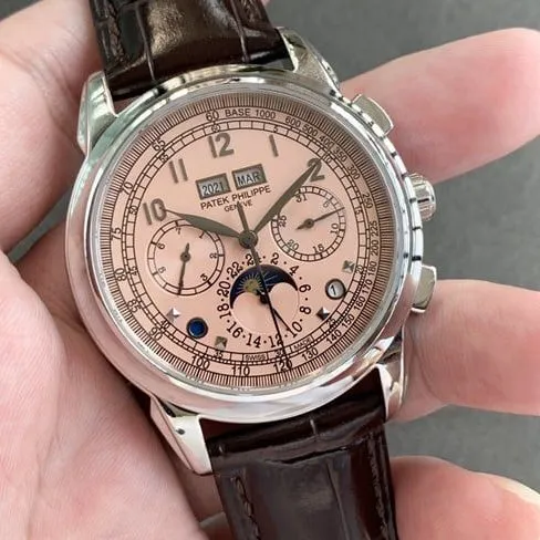 top-tier watch Patek Philippe men's pink plate brown belt super complex function series leather strap watch front view