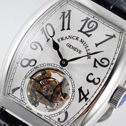 Frankmuller top collectible watches latest men's white plate black strap tourbillon mechanical belt front view
