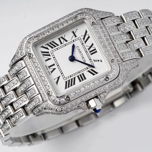 Cartiertop-tier watch cheetah full diamond series ladies steel bracelet mechanical white dial watch front view