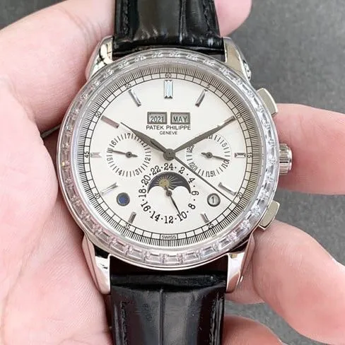 Patek Philippetop-tier watch complex function chronograph series men's white dialleather strap watch front view