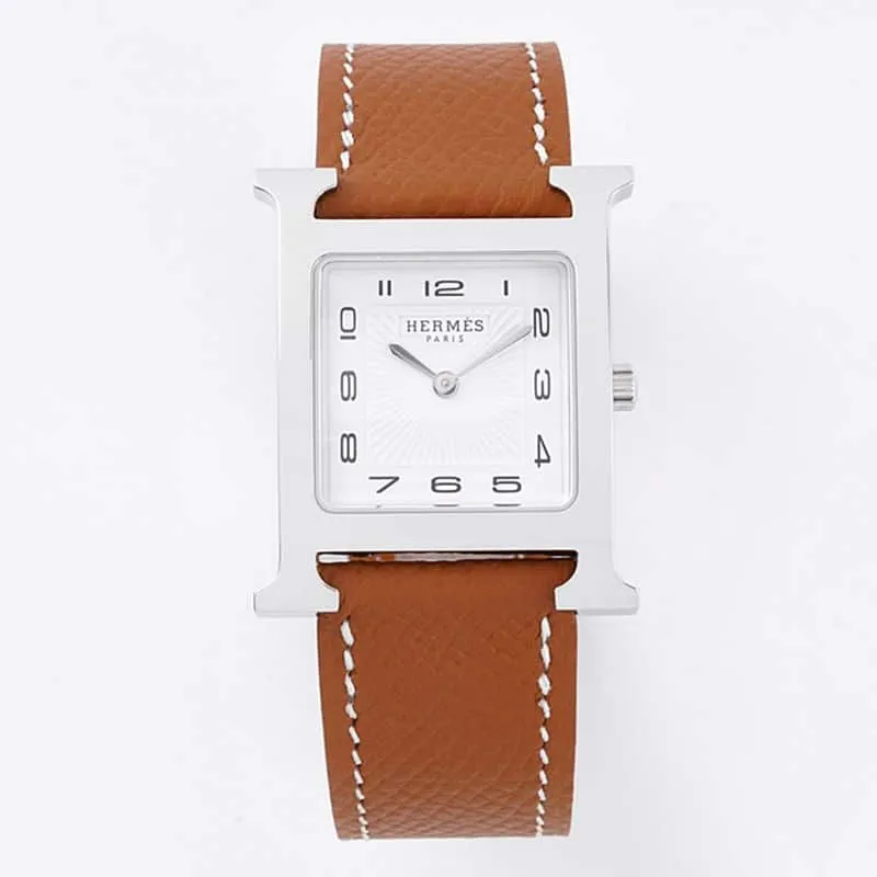 Fine imitation Hermes women's watches top quality HeureH series quartz square fashion watches brown strap white disk detail picture