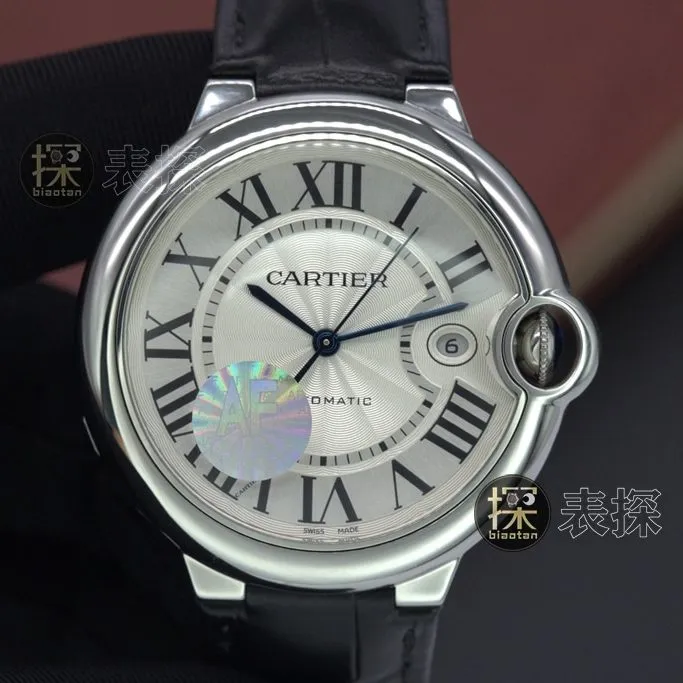 af factory blue balloon Cartier1:1replica watch white dial black leather bracelet side view