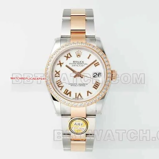 ARF FactoryRolex log 1:1super clonewhite dialdiamond bezel31mm gold three-lattice chain link278381front live photo