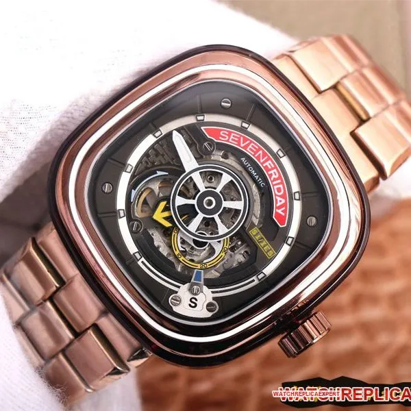 Seven day display five watch rose goldblack dial SEVENFRIDAY/automatic movementmen's watch Swiss steel bracelet large dial hollow detail shots