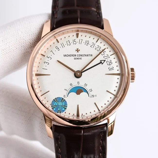 top-tier watch Vacheron Constantin men's white dial brown belt heritage series watch front view
