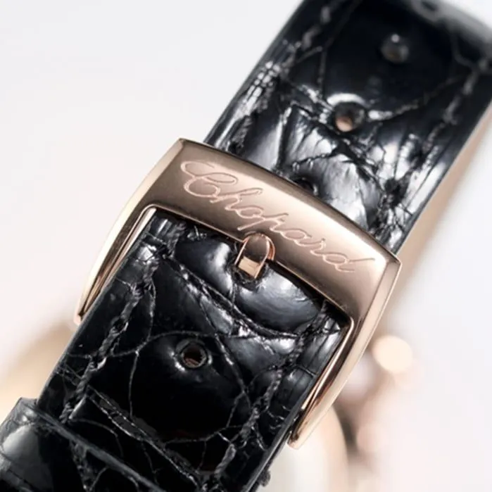 Top collectible watches Chopard Women's White Plate Black Strap Happy Diamonds Collection Front View