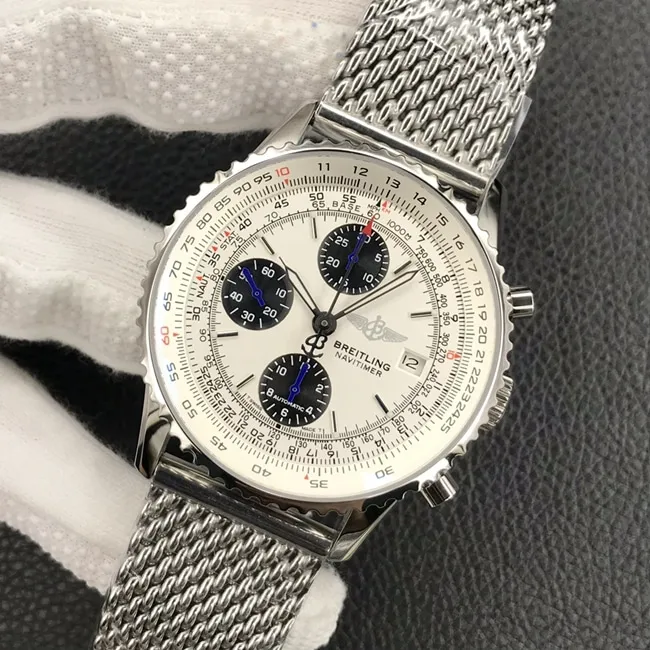 Breitlingtop-tier watch men's white dialsteel bracelet classic aviation chronographA13322chronograph watch front view