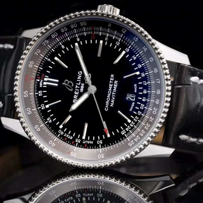top-tier watch Breitling men's black dial aviation chronograph1 series leather strap watch detail shots